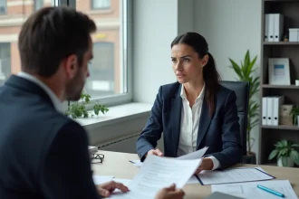 Une femme examine des documents avec un conseiller en adoption internationale dans un bureau professionnel