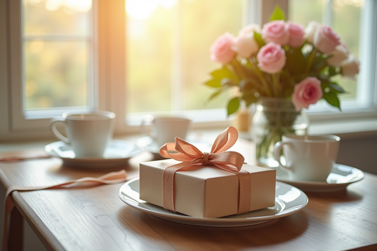 Coffret cadeau élégant sur un plateau petit déjeuner avec fleurs et café