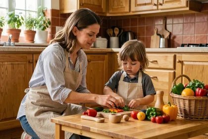 Femme et fillette créant un coin cuisine pédagogique avec des légumes colorés et des accessoires en bois dans une cuisine familiale chaleureuse