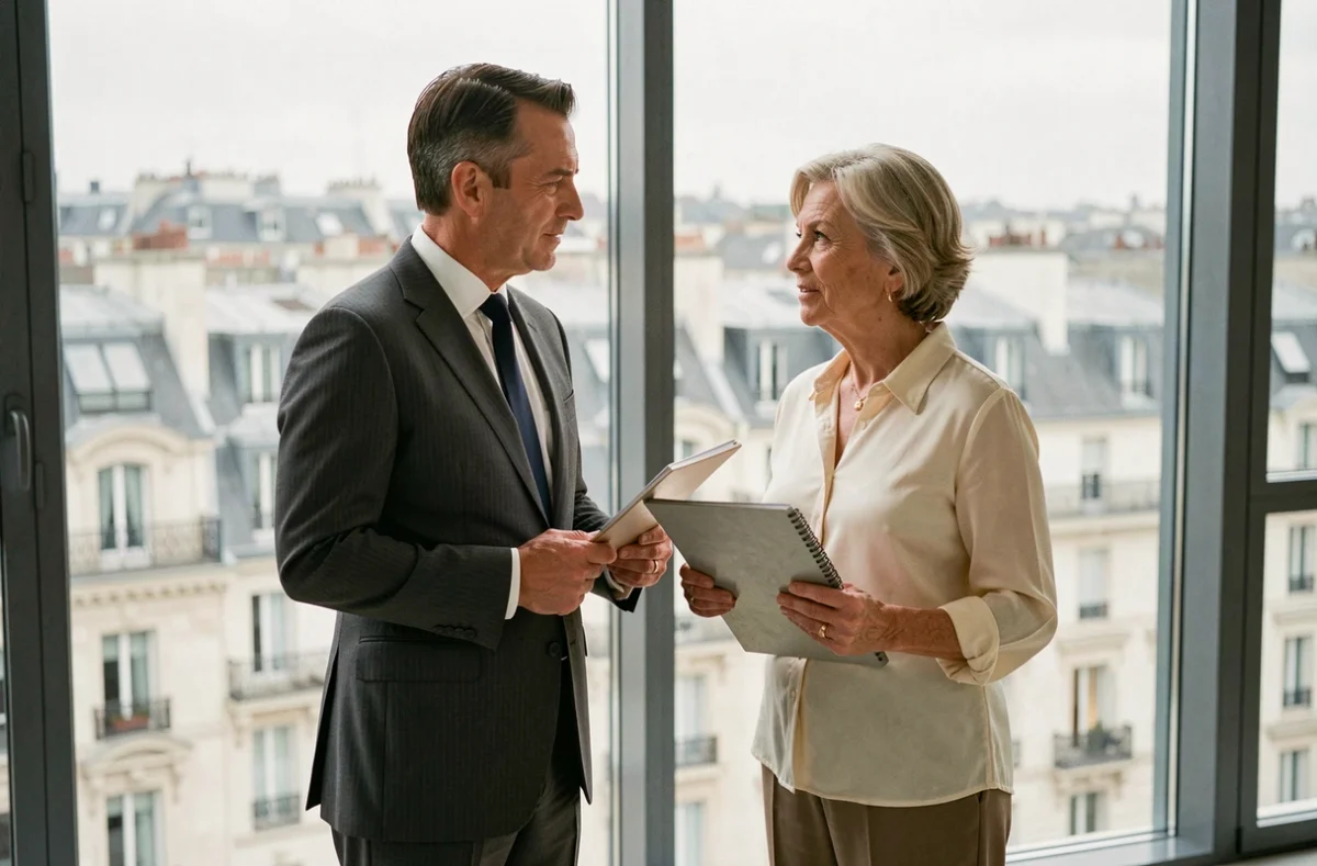 Deux professionnels en costume discutant stratégie devant une vue panoramique de Paris, illustrant une alliance familiale et business dans l'univers du luxe français