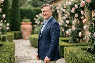 Portrait discret d'un homme élégant dans un jardin privé français, illustrant le respect de la vie privée d'un personnage public