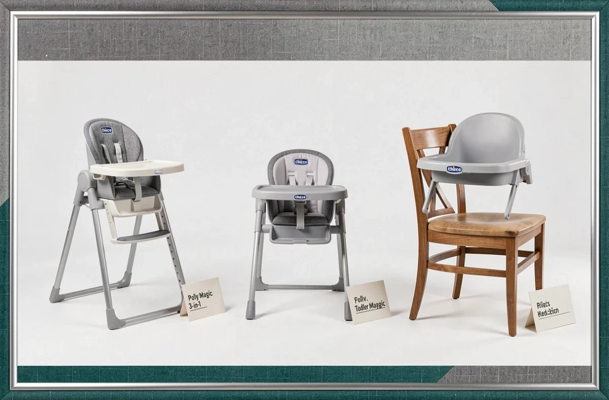 Les trois configurations de la chaise haute Chicco Polly Magic 3 en 1 présentées côte à côte sur fond blanc en studio