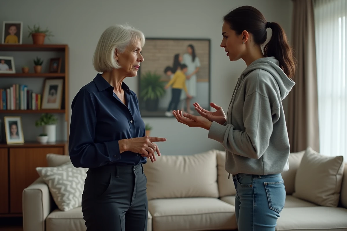 Mère et fille adulte en confrontation dans un salon, illustrant une relation conflictuelle marquée par des reproches et une tension émotionnelle