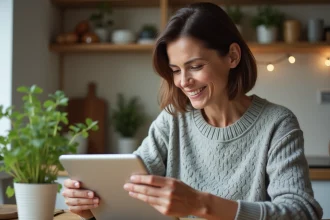 Femme d'âge mûr accédant à son compte Famileo sur une tablette dans une cuisine familiale