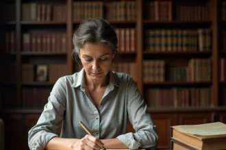 Femme consultant un registre d'état civil ancien contenant des listes de prénoms dans une salle d'archives