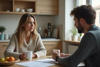 Femme d'âge moyen parle calmement avec son fils à la cuisine