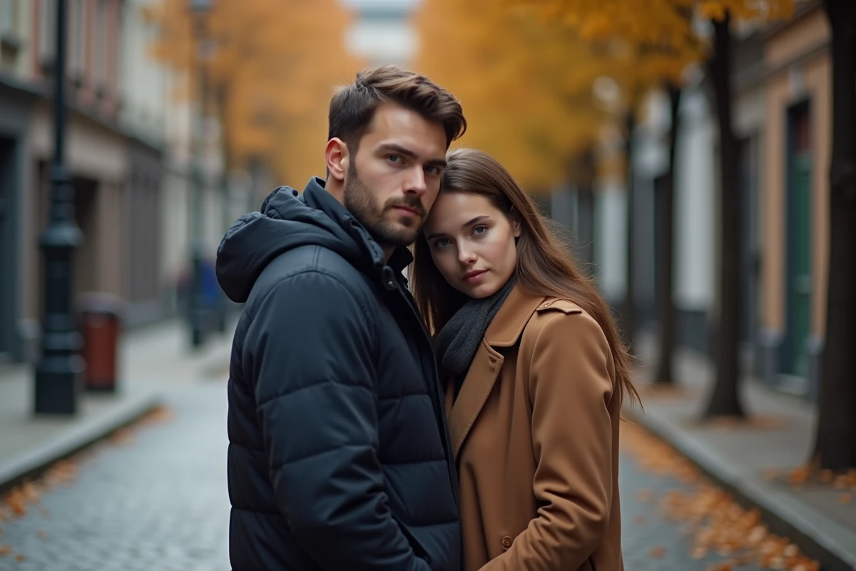 Couple complice dans une rue en automne illustrant la tendresse et les signes d'un amour sincère