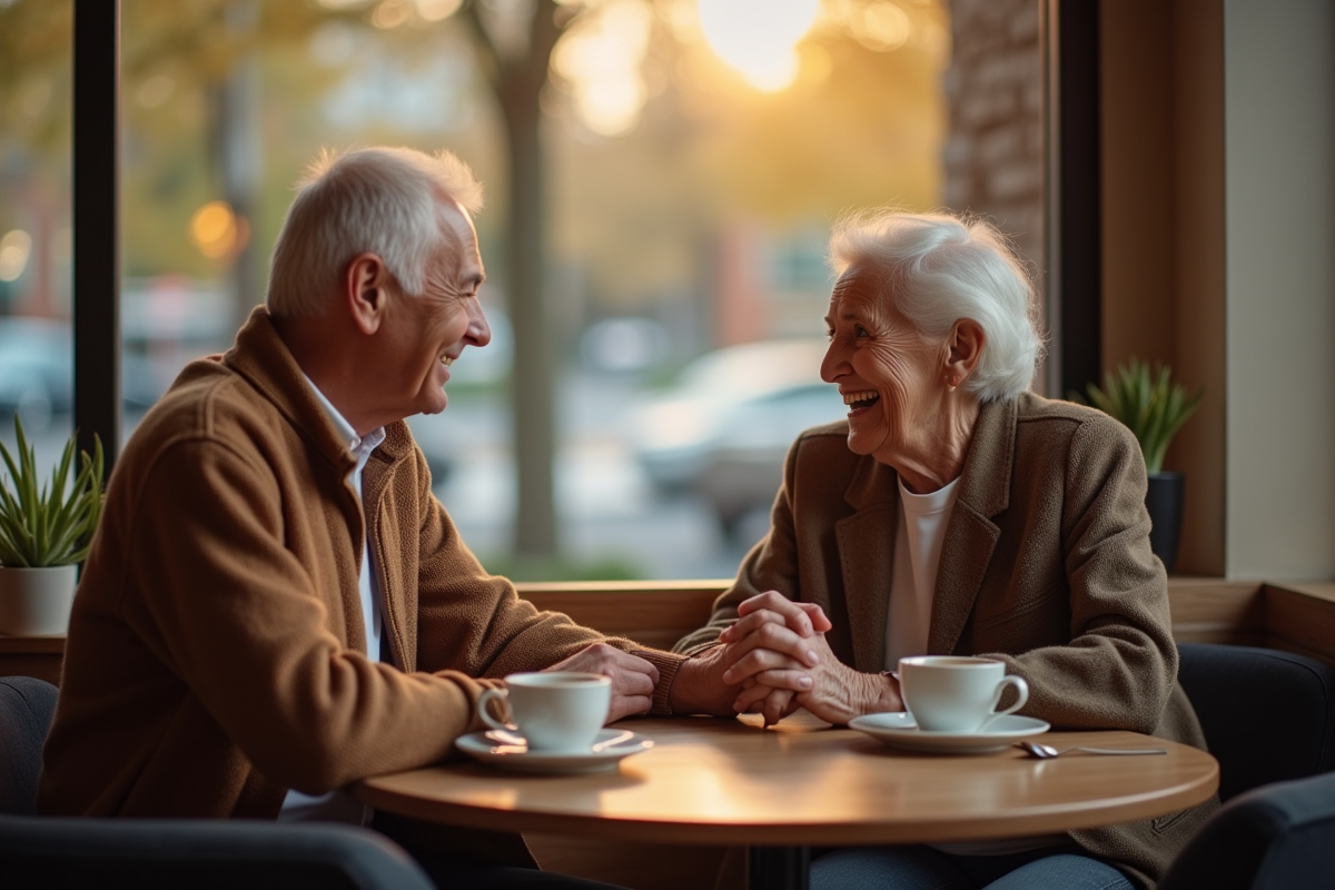 Couple âgé tenant la main dans un café chaleureux