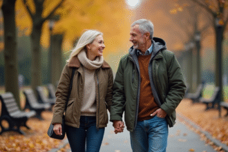 Couple d'adultes souriants dans un parc automnal