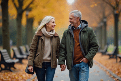 Couple d'adultes souriants dans un parc automnal