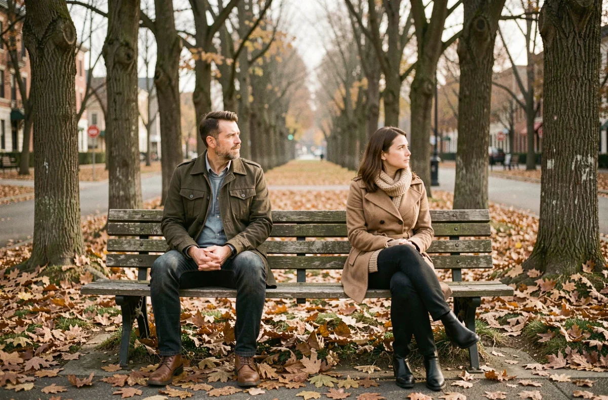 Couple d'une quarantaine d'années assis séparément sur un banc de parc en automne, regards fuyants, distance émotionnelle palpable entre eux
