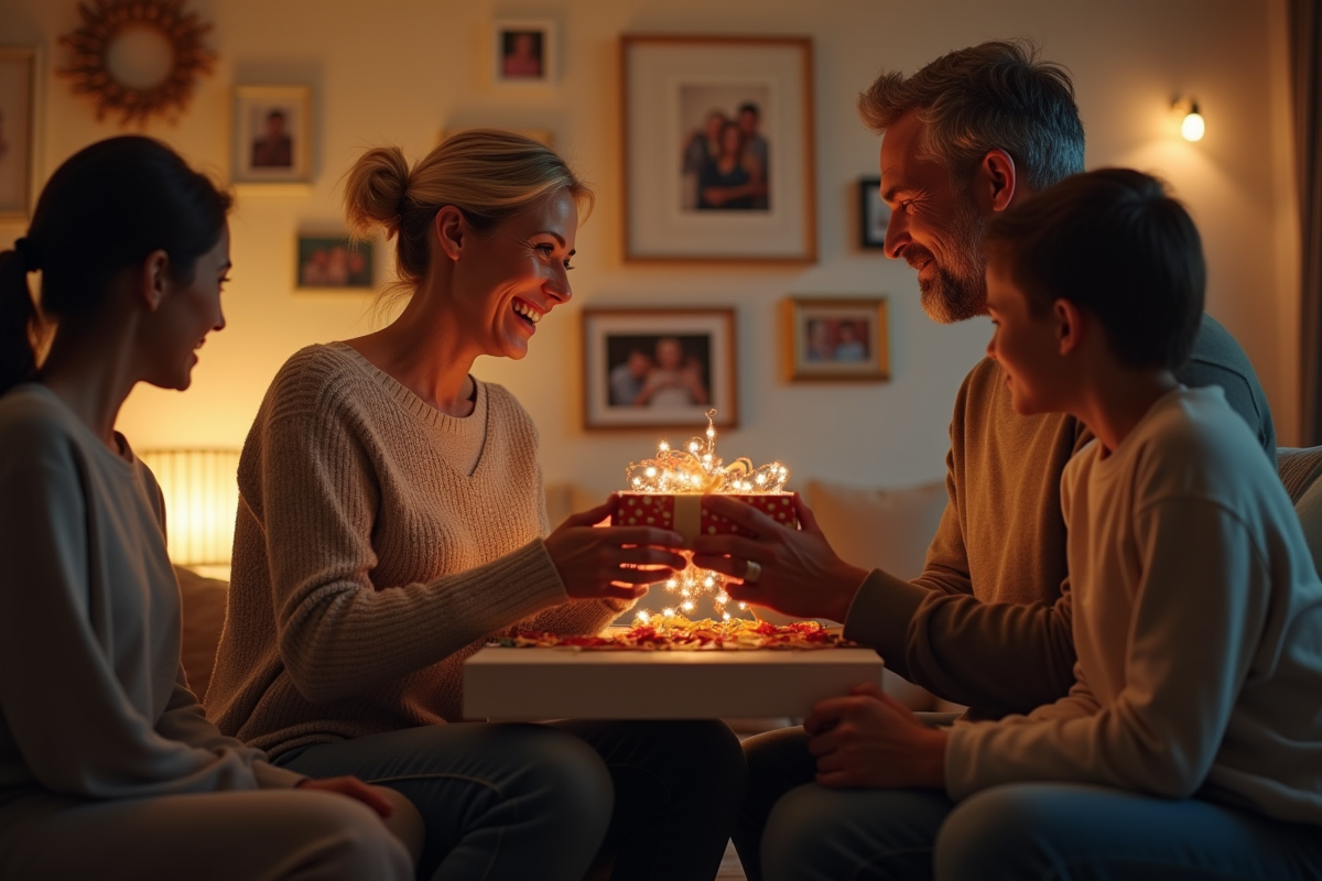 Couple échangeant un cadeau dans un salon chaleureux