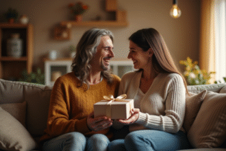 Couple heureux échangeant des cadeaux d anniversaire dans un salon chaleureux