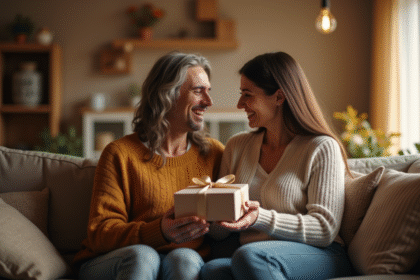 Couple heureux échangeant des cadeaux d anniversaire dans un salon chaleureux