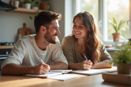 Jeune couple souriant écrivant noms Q en cuisine lumineuse