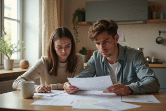 Jeune couple inquiet en cuisine avec papiers