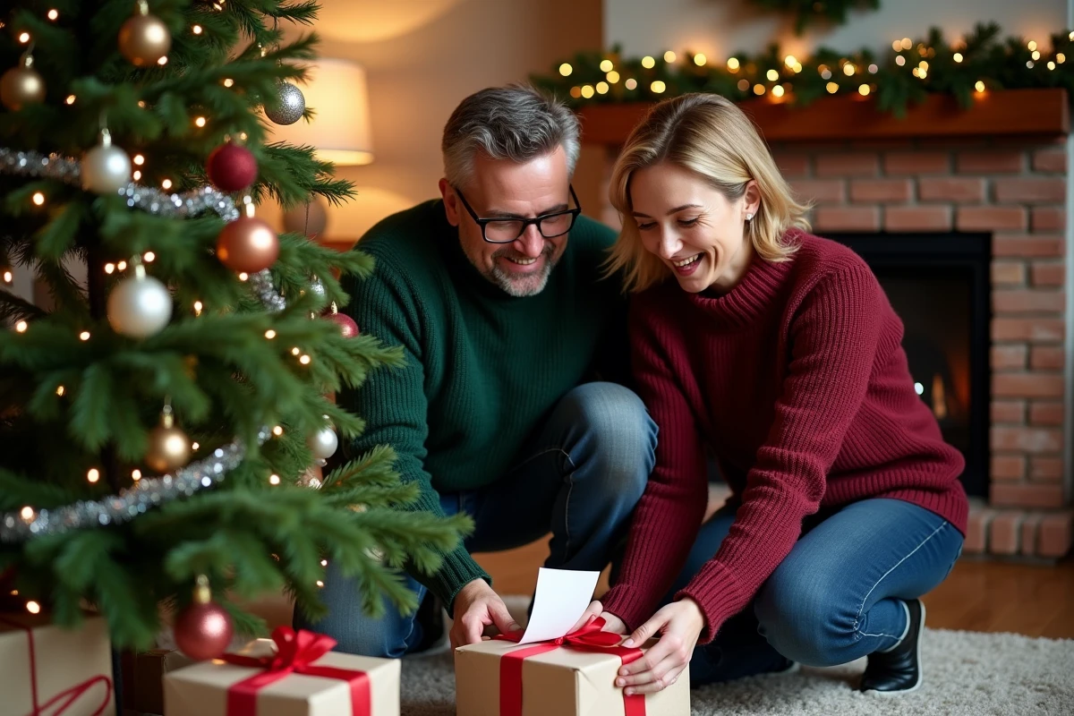 Couple découvrant une lettre de lutins espièges sous le sapin de Noël