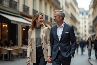 Couple élégant marchant dans une rue parisienne, illustrant la discrétion et les rares apparitions publiques d'un couple médiatique