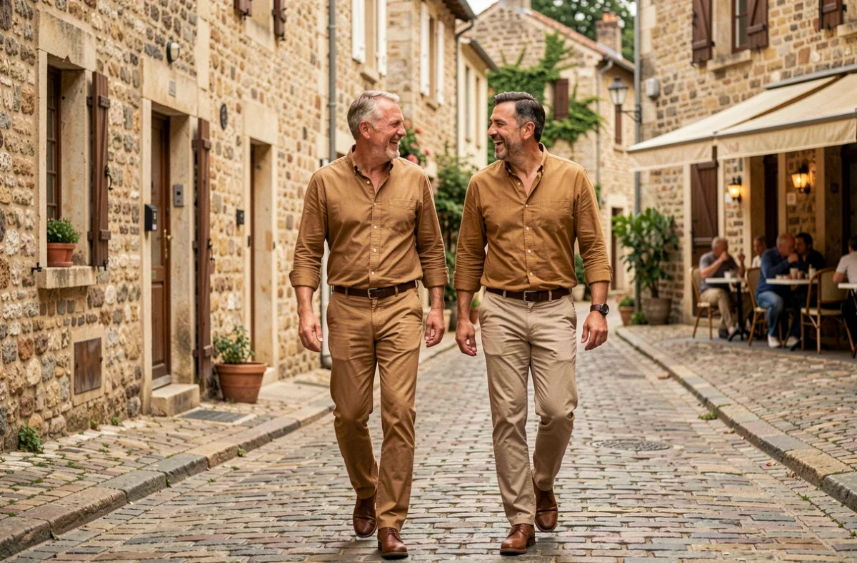 Deux hommes marchant ensemble dans un village français, symbolisant la discrétion et la vie privée d'un couple célèbre