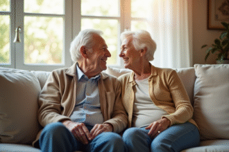 Couple de seniors souriant dans un salon lumineux