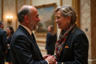 Couple élégant lors d'un événement culturel en intérieur