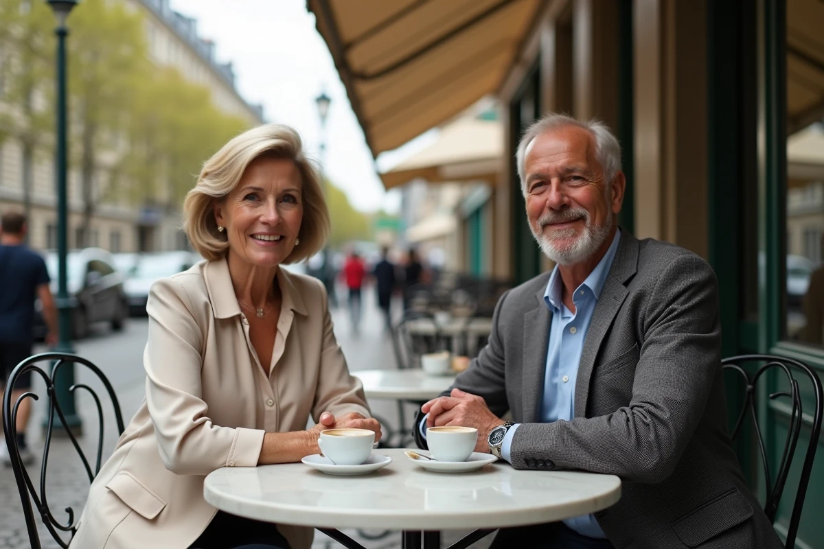 Couple élégant assis en terrasse d'un café parisien typique, évoquant la vie bourgeoise et discrète d'André-Louis Auzière avant son divorce avec Brigitte Macron