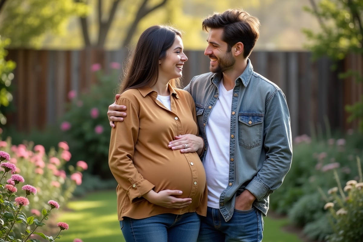Couple dans un jardin printanier avec femme enceinte
