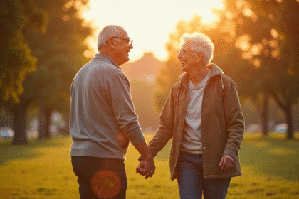 Couple âgé se tenant la main dans un parc ensoleille