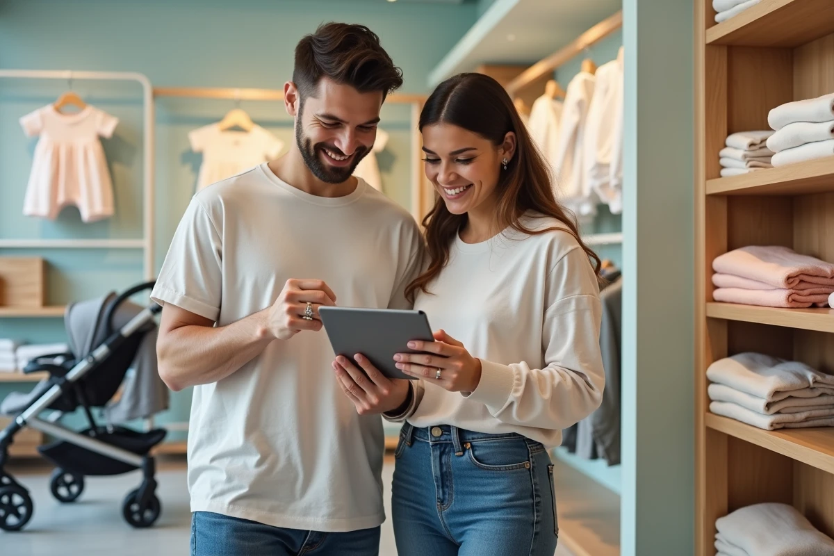 Couple de futurs parents choisissant des articles pour leur liste de naissance dans une boutique pour bébé
