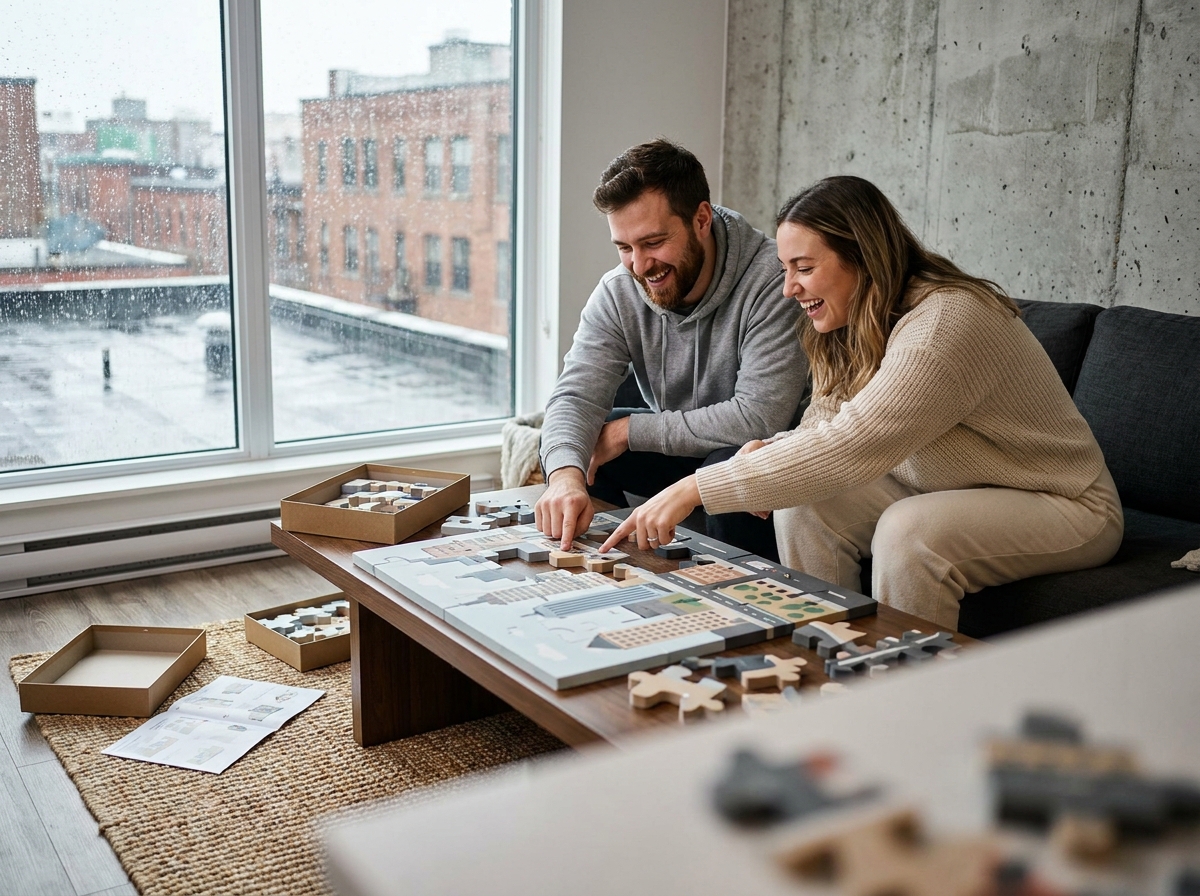 Couple d'adultes collaborant sur un grand puzzle architectural en mousse dans un appartement moderne sous la pluie