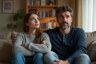 Couple assis sur un canapé en silence, illustrant une tension de communication entre mari et femme