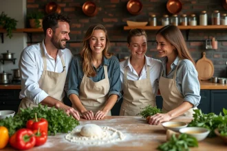 Groupe d'adultes en tablier participant à un cours de cuisine pour anniversaire gourmand dans une cuisine professionnelle