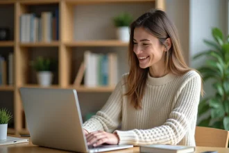 Jeune femme créant une liste de naissance en ligne sur son ordinateur portable depuis son bureau à domicile