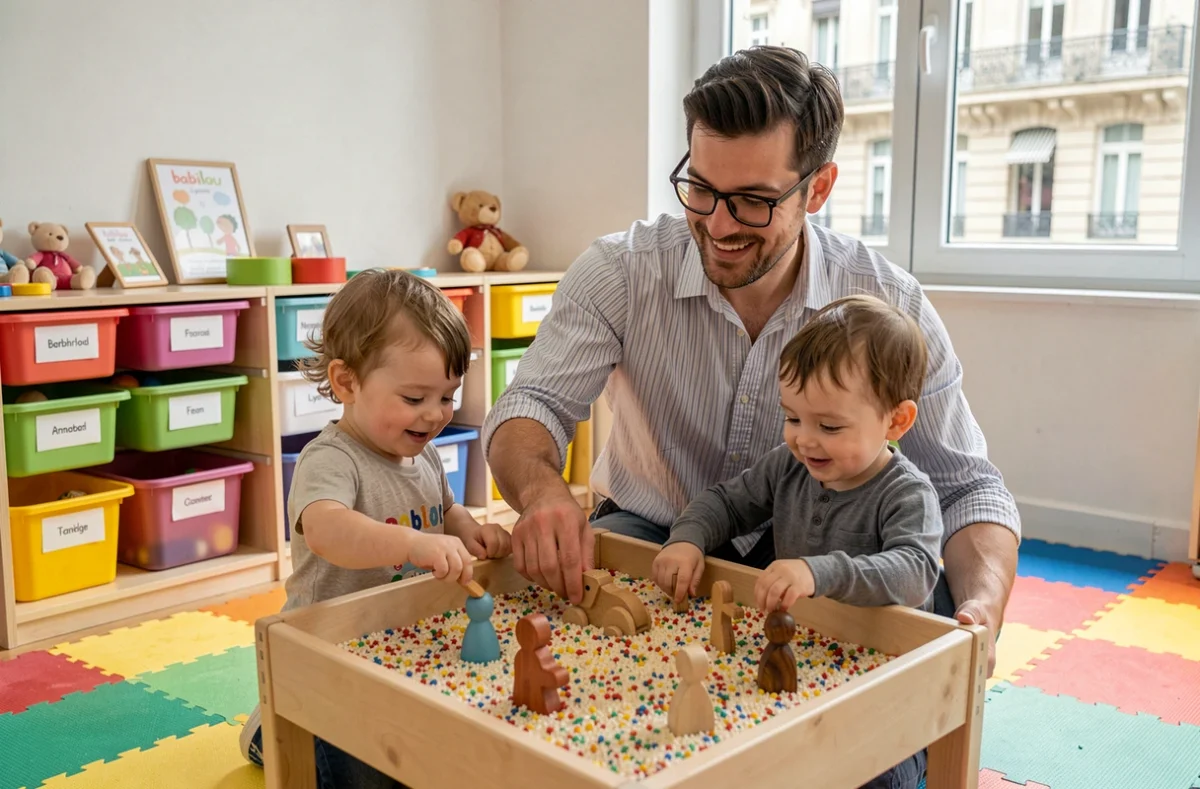 Éducateur animant une activité sensorielle avec des enfants à la crèche Babilou Lyon Favre