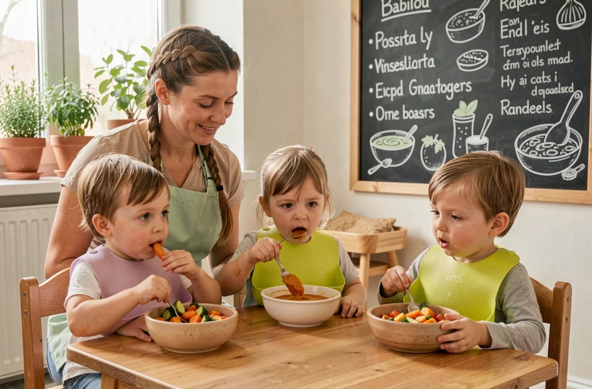 Moment du repas avec des tout-petits dégustant des purées à la crèche Babilou Lyon Lafayette Microgourmand