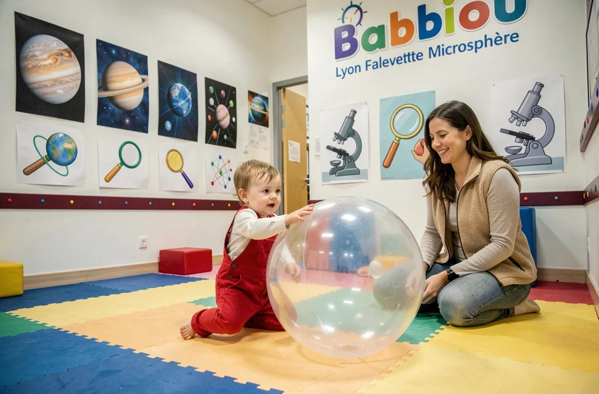 Enfant jouant avec une sphère dans l'espace thématique de la crèche Babilou Lyon Lafayette Microsphère