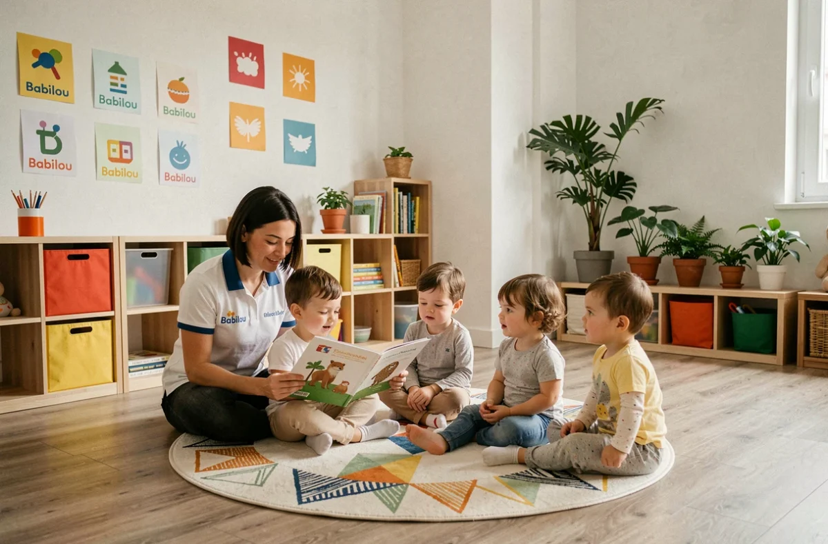 Auxiliaire de puériculture lisant une histoire aux enfants à la crèche Babilou Lyon Masséna