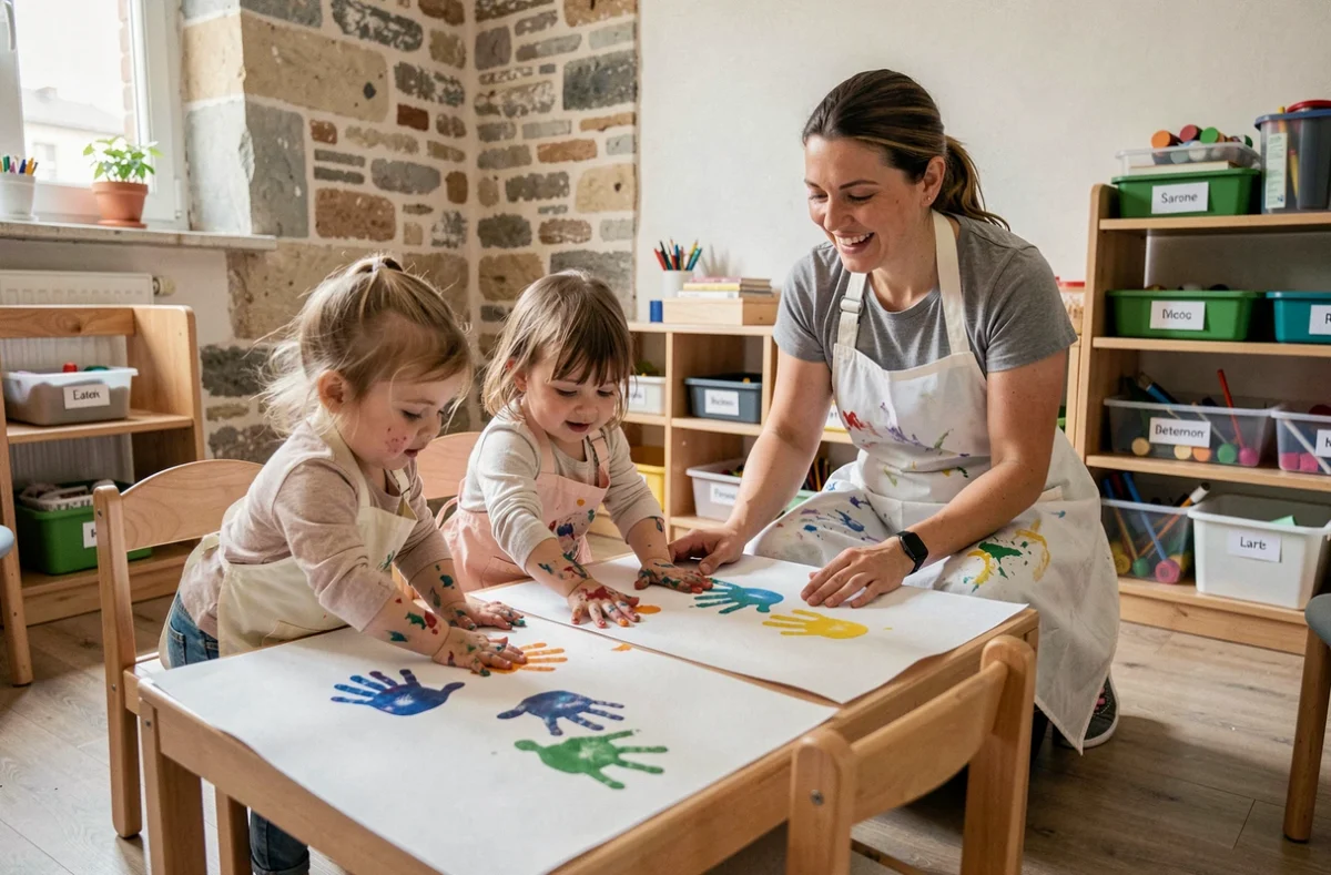 Activité peinture avec empreintes de mains à la crèche Babilou Lyon Petites Sœurs