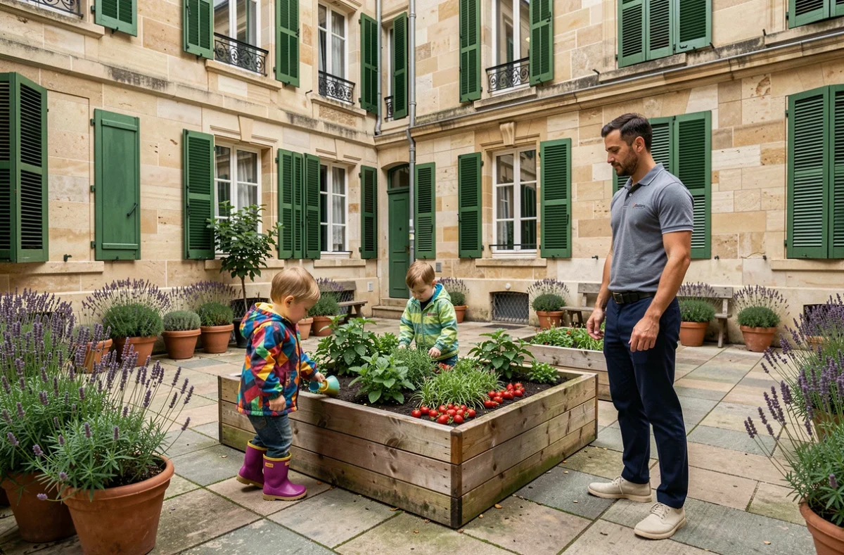 Enfants explorant le jardin pédagogique de la crèche Babilou Lyon Tronchet en plein air
