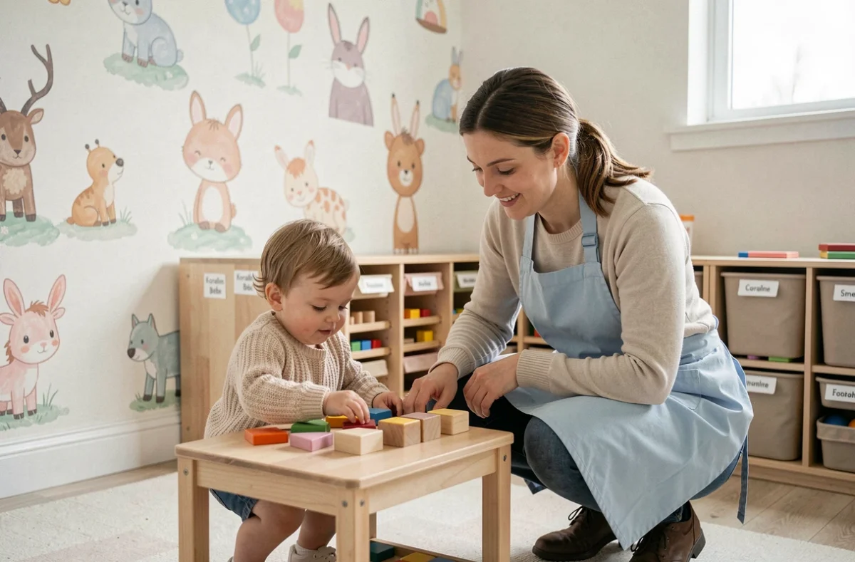 Éducatrice accompagnant un enfant dans les activités d'éveil à la crèche Koraline Bébé