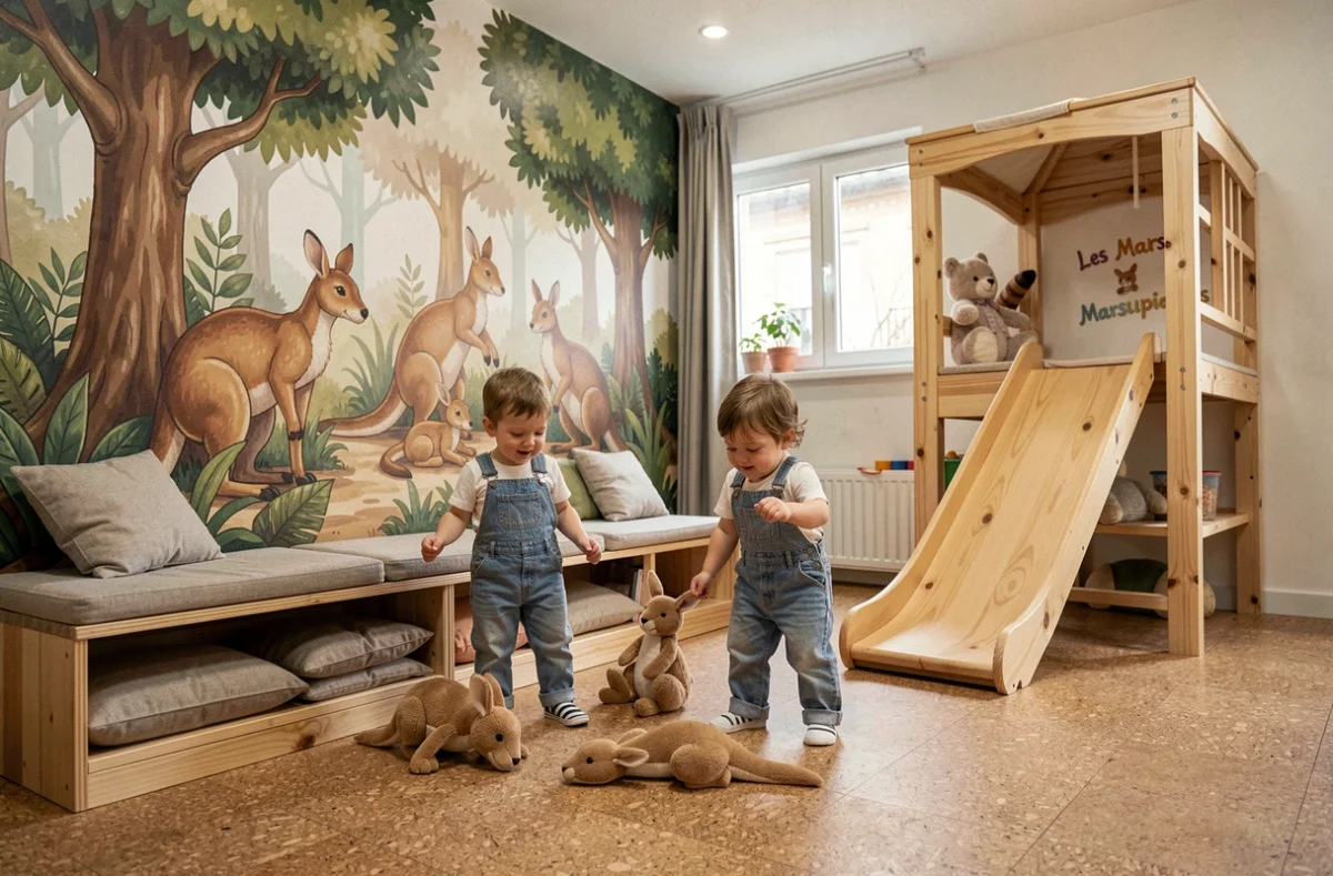 Espace de jeux chaleureux avec des enfants jouant à la crèche Les Marsupiaux dans le Rhône