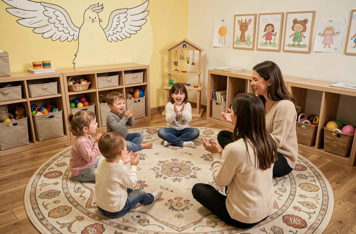 Moment de chants en cercle avec enfants et éducatrices à la crèche Mes' Anges à Lyon