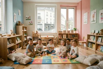Vue d'ensemble d'une crèche moderne dans le Rhône avec des tout-petits jouant sur un tapis coloré