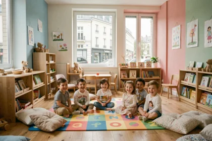 Vue d'ensemble d'une crèche moderne dans le Rhône avec des tout-petits jouant sur un tapis coloré