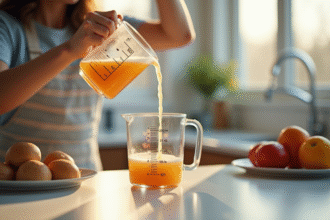 Parent versant liquide dans une cuisine moderne avec notes de conversion