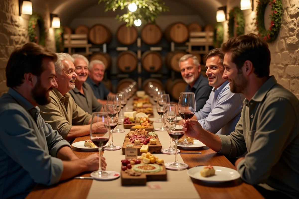 Dégustation de vins et fromages entre adultes autour d'une table en bois pour un anniversaire gourmand en cave
