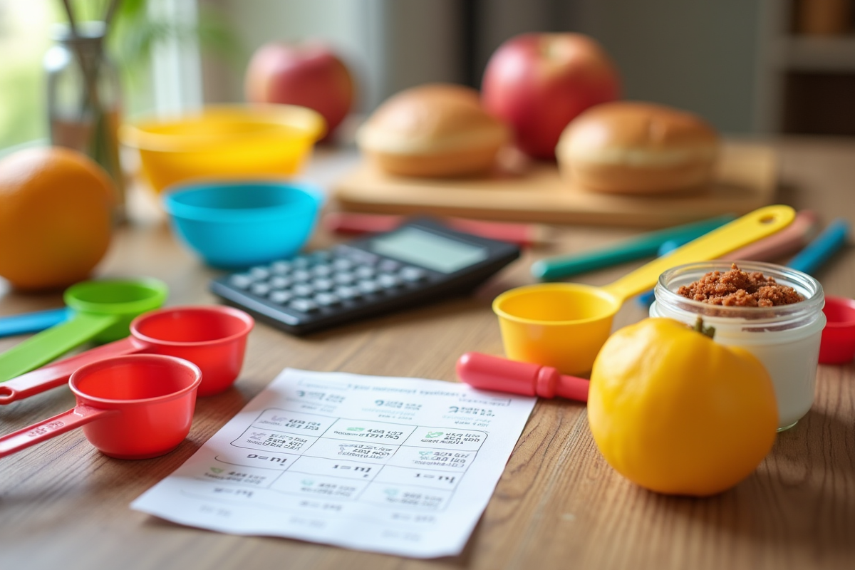 Repas d enfants avec tasses et calculatrices sur une table en bois