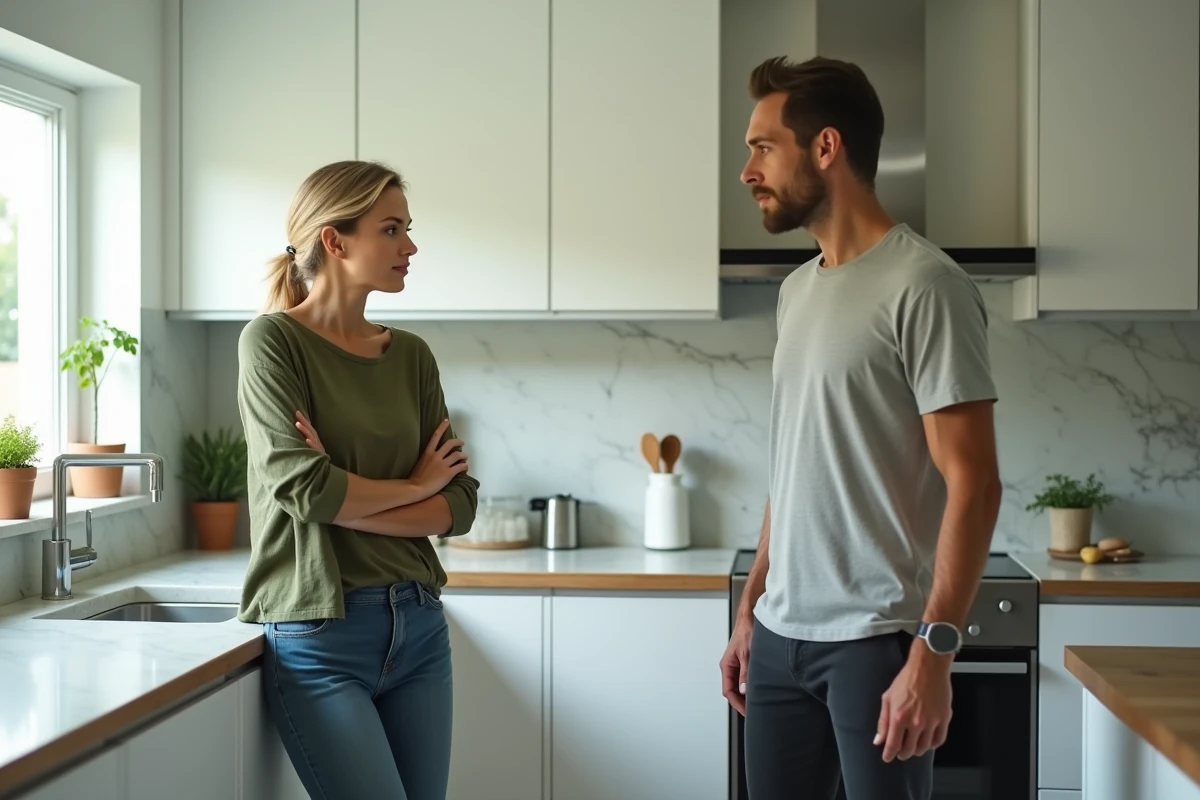 Femme et mari face à face dans une cuisine moderne, illustrant un désaccord conjugal silencieux