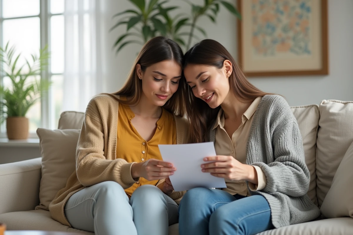 Deux femmes partageant un moment émouvant en lisant ensemble un message écrit à la main