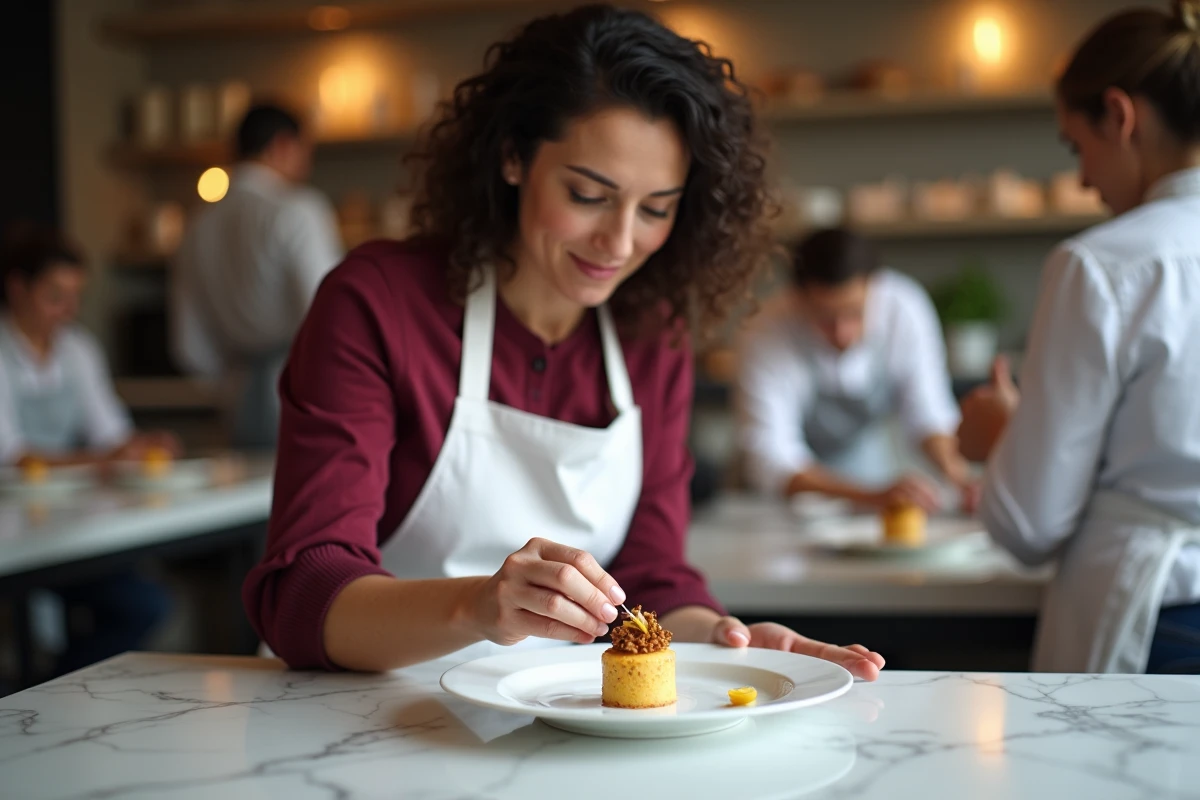 Femme adulte dressant un dessert gastronomique lors d'un atelier cuisine d'anniversaire gourmand